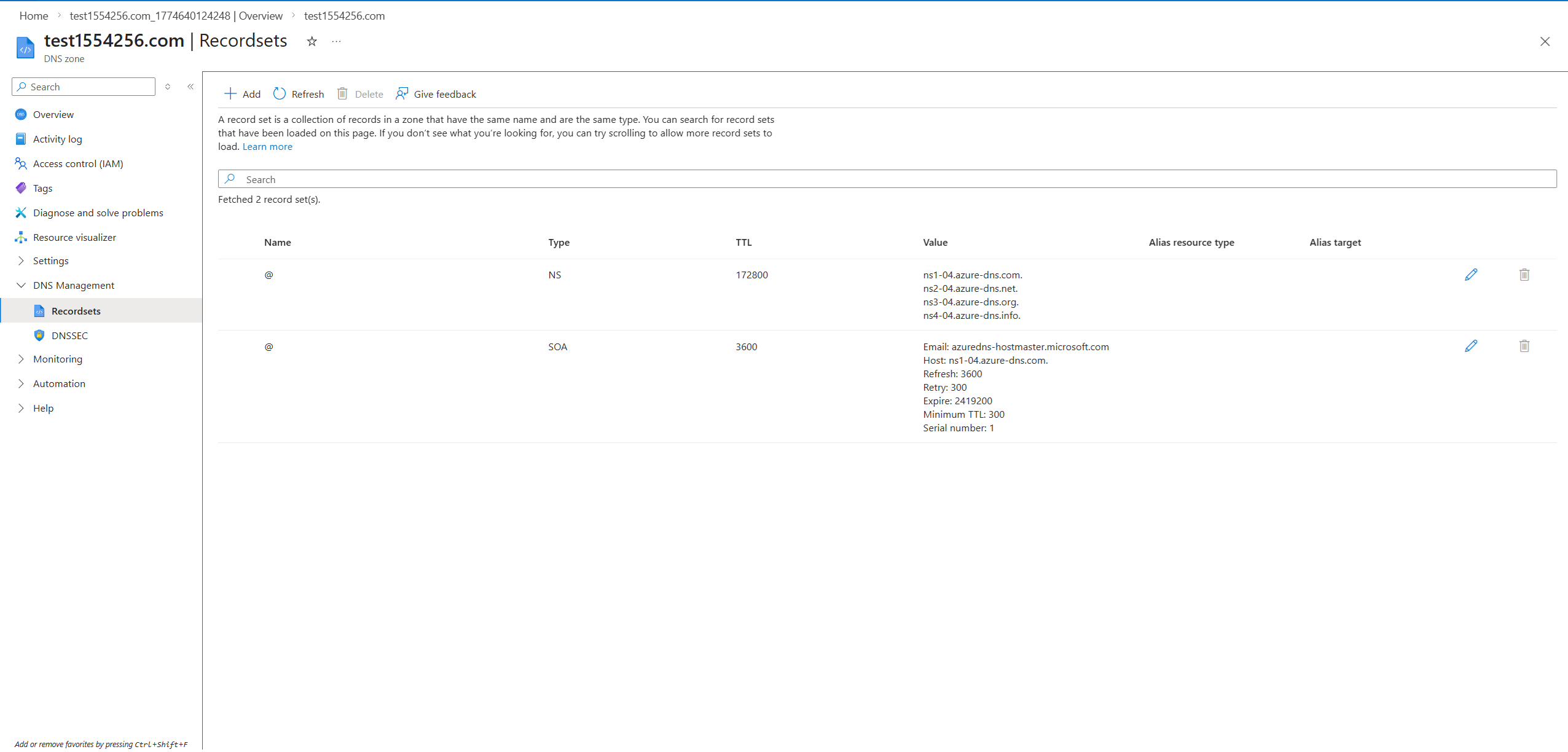Azure DNS zone recordsets showing NS and SOA records