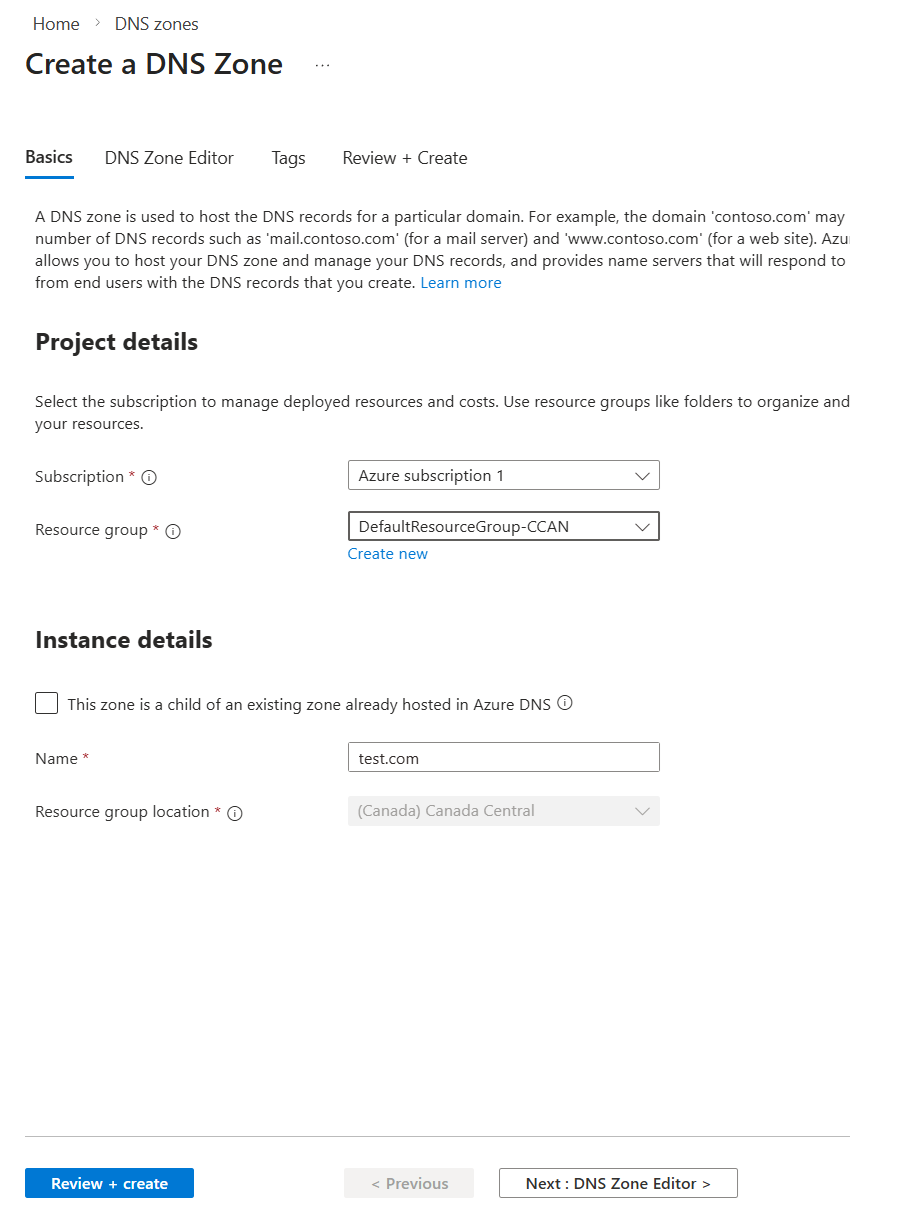 Creating a DNS zone in Azure for yourdomain.com