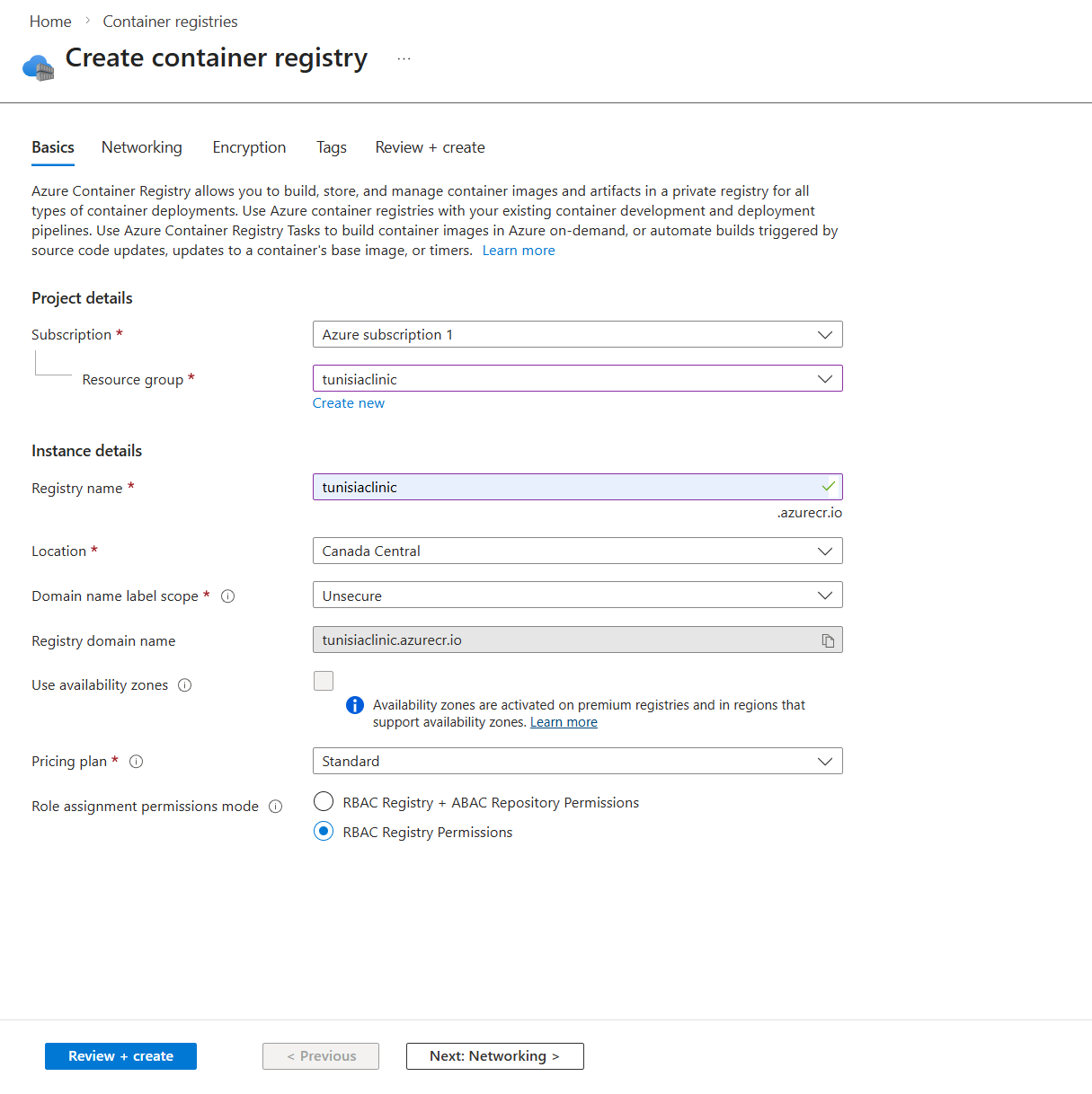 Azure Container Registry overview page