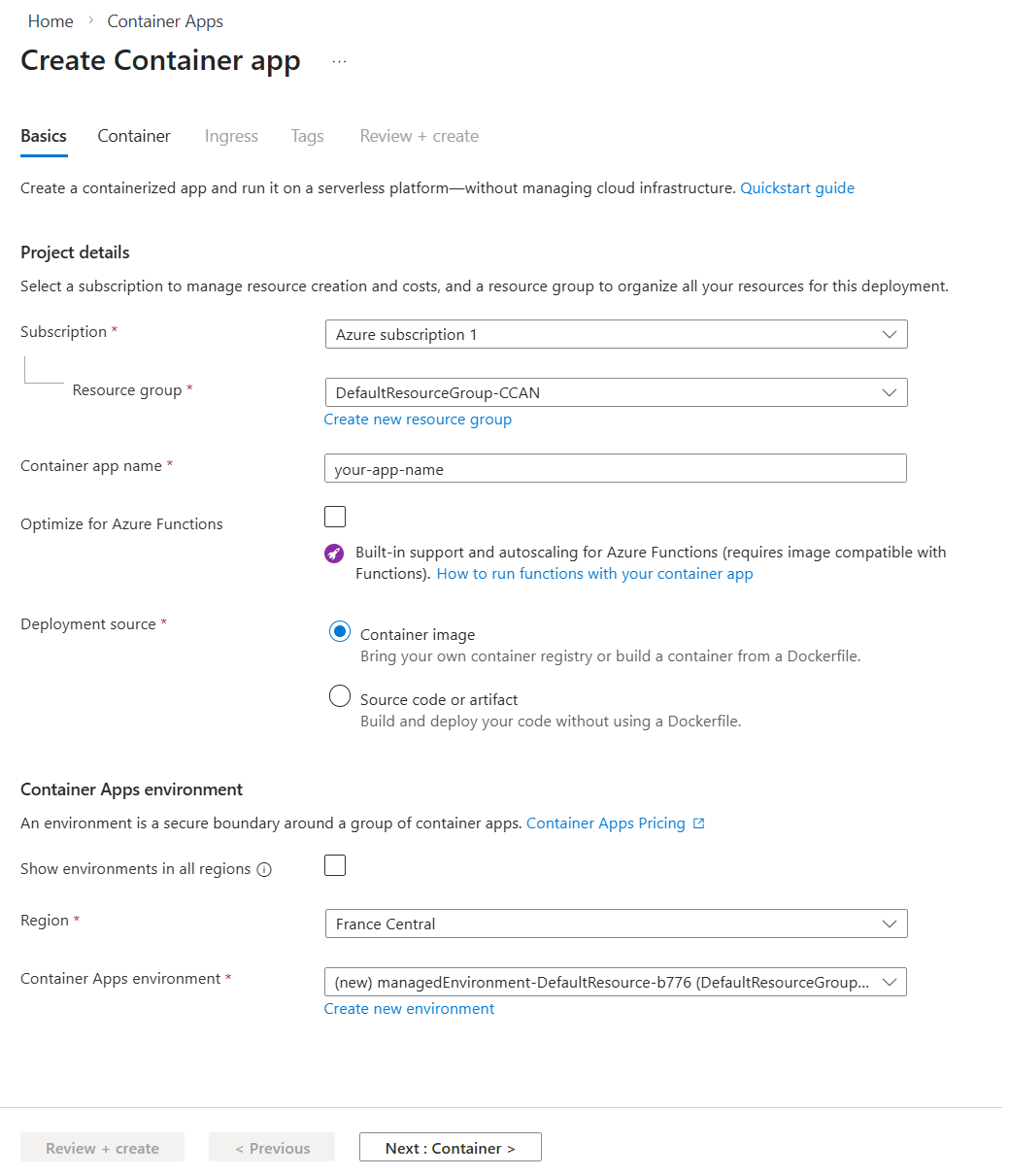 Container App basics configuration page