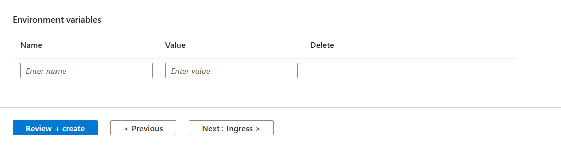 Environment variables panel in the Container App edit form