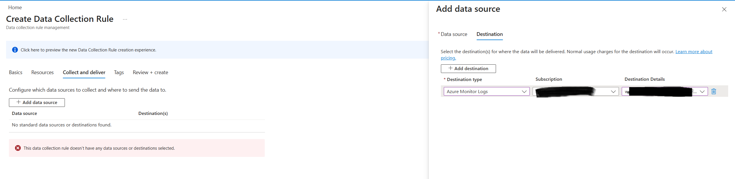 Selecting the destination — the Log Analytics Workspace