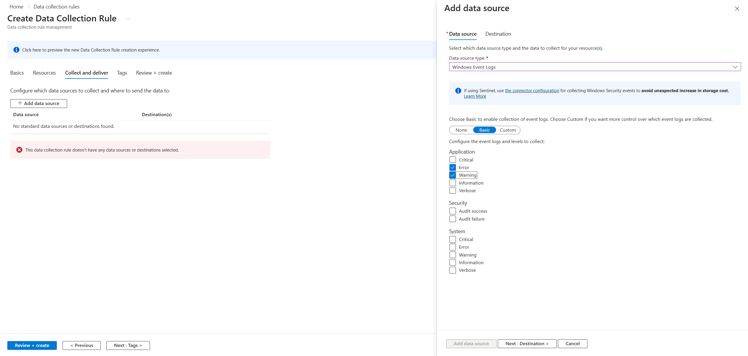 Summary view showing VM as source and Log Analytics Workspace as destination