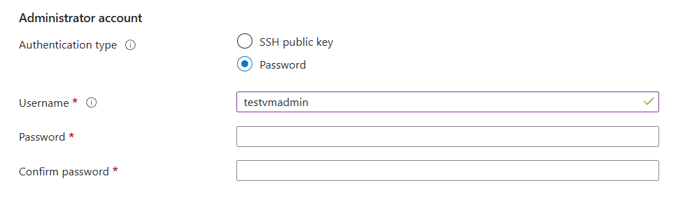 Administrator account section with Password selected
