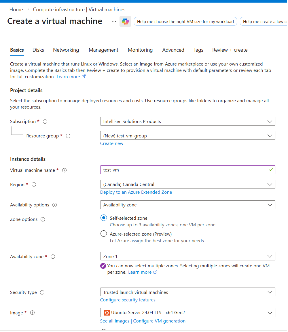 Azure VM creation form showing Ubuntu 24.04 LTS selected